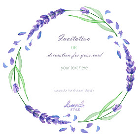 圆环框架、 花圈、 边框与水彩薰衣草花香，婚礼邀请