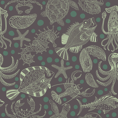 海鲜的无缝质地。带草图的矢量背景