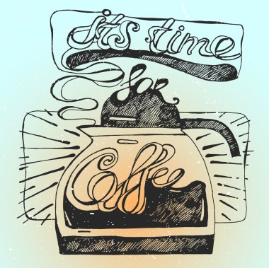 它的时间咖啡复古风格化的粗壮海报插图黑水壶与咖啡与字母