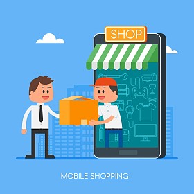 在互联网使用手机上的在线购物。交货快捷概念矢量插图在平面样式设计