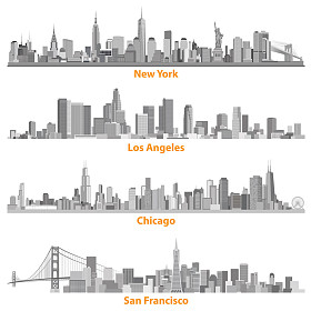 一组城市城市纽约、 芝加哥、 洛杉矶 Angelews 和 San Francisco 插图的灰色鳞片