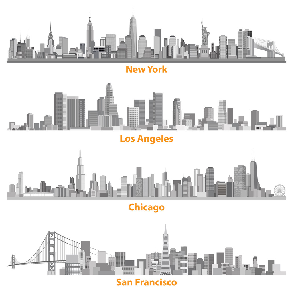 一组城市城市纽约、 芝加哥、 洛杉矶 Angelews 和 San Francisco 插图的灰色鳞片