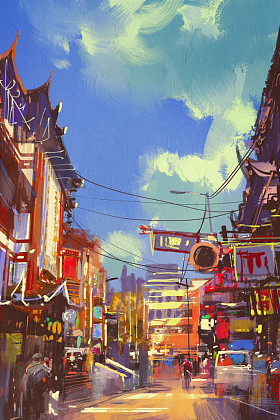 插图绘画的购物街