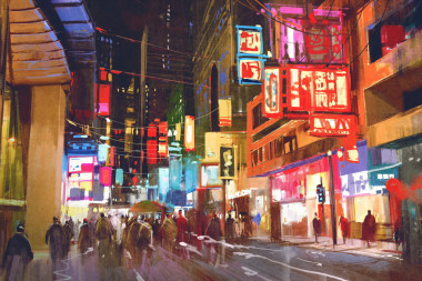 五彩繽紛的畫(huà)的人在城市的街道上行走
