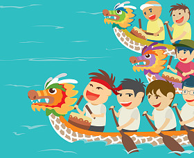 快乐的孩子，在一场划船比赛的矢量图