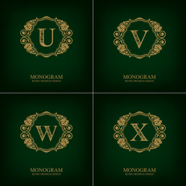 為皇室繁榮信會徽 U V W X 模板，會標的設計元素，書法優(yōu)美模板、 優(yōu)雅的線條藝術標志，商業(yè)發(fā)展的標志