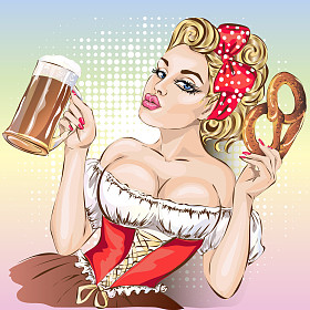 慕尼黑啤酒节炙手可热的女人用啤酒和椒盐卷饼身穿德国的传统服饰裙