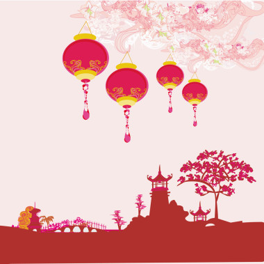 具有亞洲風(fēng)景和中國燈籠的舊紙.日本風(fēng)格背景