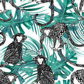 热带森林水彩背景。充满异国情调的无缝模式。热带自然背景。猴子的插图。热带的动物。热带动物无缝模式。猴子的墨迹图形。丛林植物