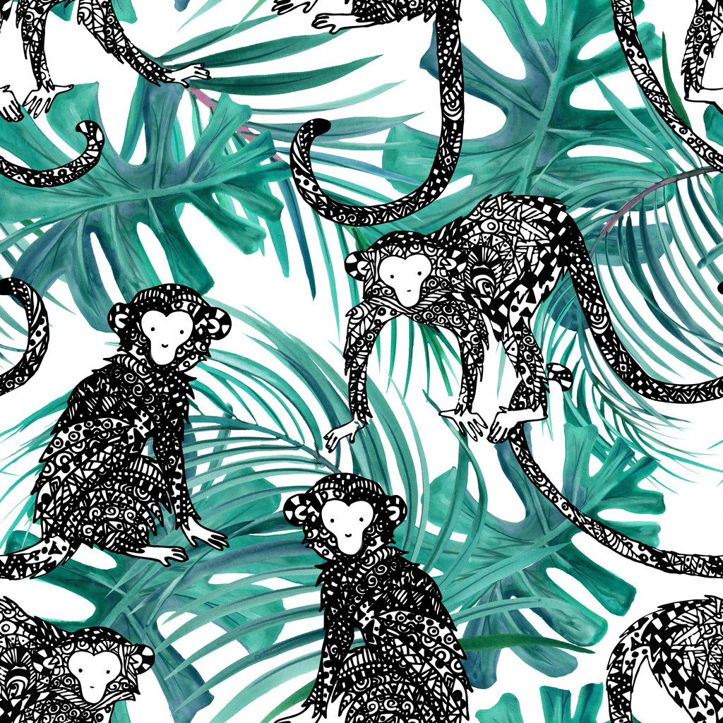 热带森林水彩背景。充满异国情调的无缝模式。热带自然背景。猴子的插图。热带的动物。热带动物无缝模式。猴子的墨迹图形。丛林植物 热带森林水彩背景。充满异国情调的无缝模式。热带自然背景。猴子的插图。热带的动物。热带动物无缝模式。猴子的墨迹图形。丛林植物