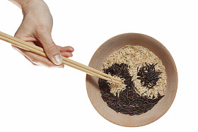 碗米饭中阴和阳的符号.图片