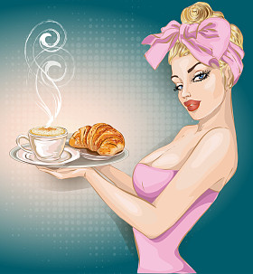 波普艺术女人含早餐。炙手可热的时尚女郎，性感的妻子, 