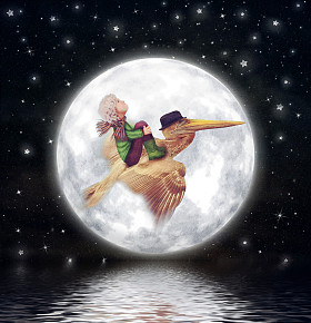 小男孩和褐鹈鹕飞对满月在夜晚的天空，插画艺术 