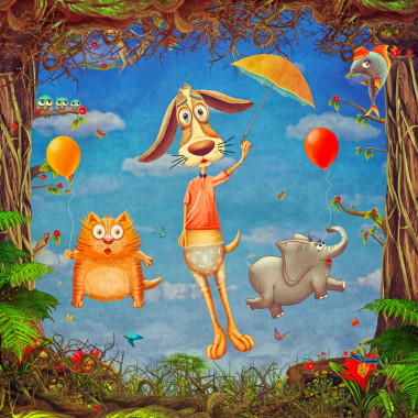 林地，風(fēng)光秀麗的春天框架與可愛的動物，在多云的天空