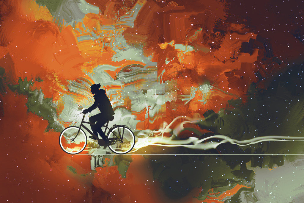 人在宇宙上自行车剪影填充