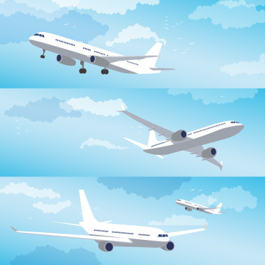 現(xiàn)代飛機(jī)飛過(guò)云層，設(shè)置。矢量