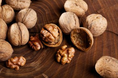 在树桩上散落的核桃图片