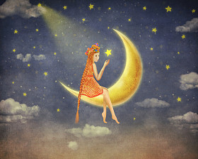 可爱的女孩坐在月亮在夜空中，插画艺术的插图 
