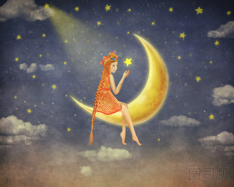 可愛(ài)的女孩坐在月亮在夜空中，插畫(huà)藝術(shù)的插圖 