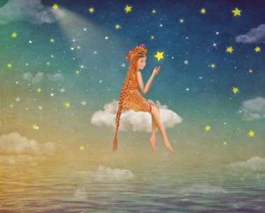 可愛的女孩坐在夜晚的天空中的月亮上的插圖 