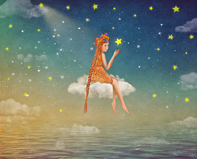 可爱的女孩坐在夜晚的天空中的月亮上的插图 