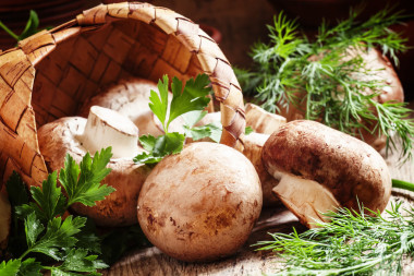 褐蘑菇，歐芹和蒔蘿，柳條籃子