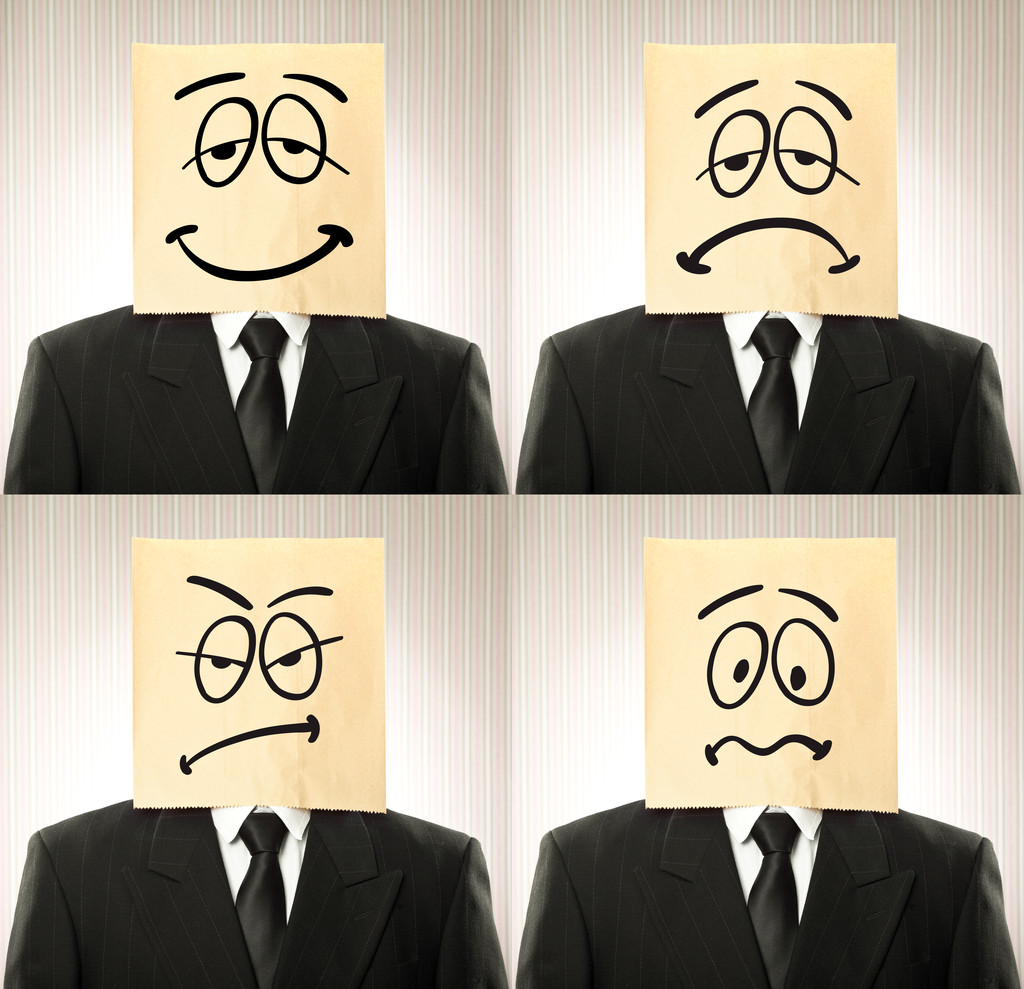 概念的商人,纸袋上老式背景头上不同的表情 概念的商人,纸袋上老式背景头上不同的表情