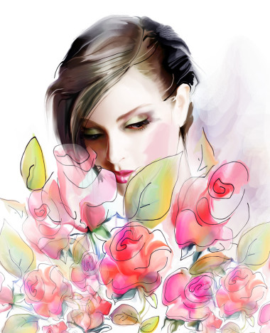 美麗的女人，有花