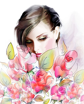 美丽的女人，有花