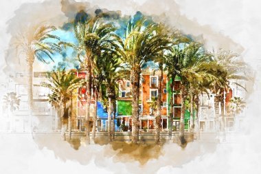 數(shù)字水彩繪畫的維拉約薩鎮(zhèn)，西班牙