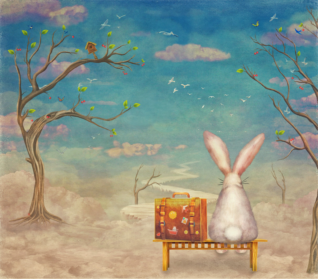 坐上板凳上云在天空,插画艺术的手提箱伤心兔 坐上板凳上云在天空,插画艺术的手提箱伤心兔