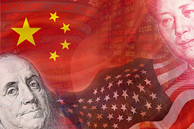 American and Chinese flags show the faces of Benjamin Franklin and MAO Zedong as well as daily stock market prices