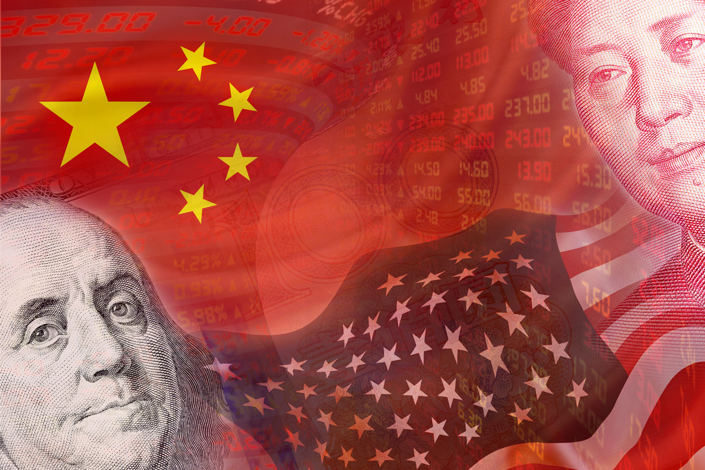 American and Chinese flags show the faces of Benjamin Franklin and MAO Zedong as well as daily stock market prices American and Chinese flags show the faces of Benjamin Franklin and MAO Zedong as well as daily stock market prices