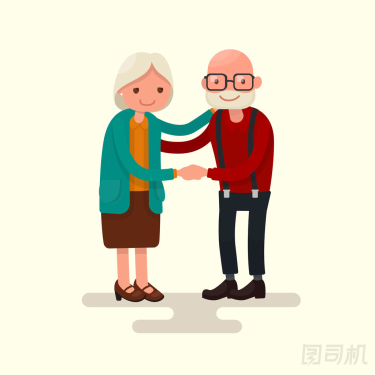 奶奶和爺爺在一起手牽手。矢量圖 