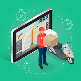 地理位置gps导航触摸屏平板电脑和快速交付服务。快速送货，快递，免费送货，快速交货图标。平面 3d 矢量等轴测图