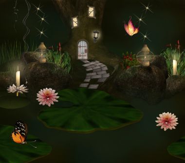 小精靈的房子和池塘照片