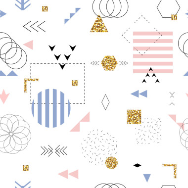 无缝的几何图案孟菲斯风格与金色闪光纹理