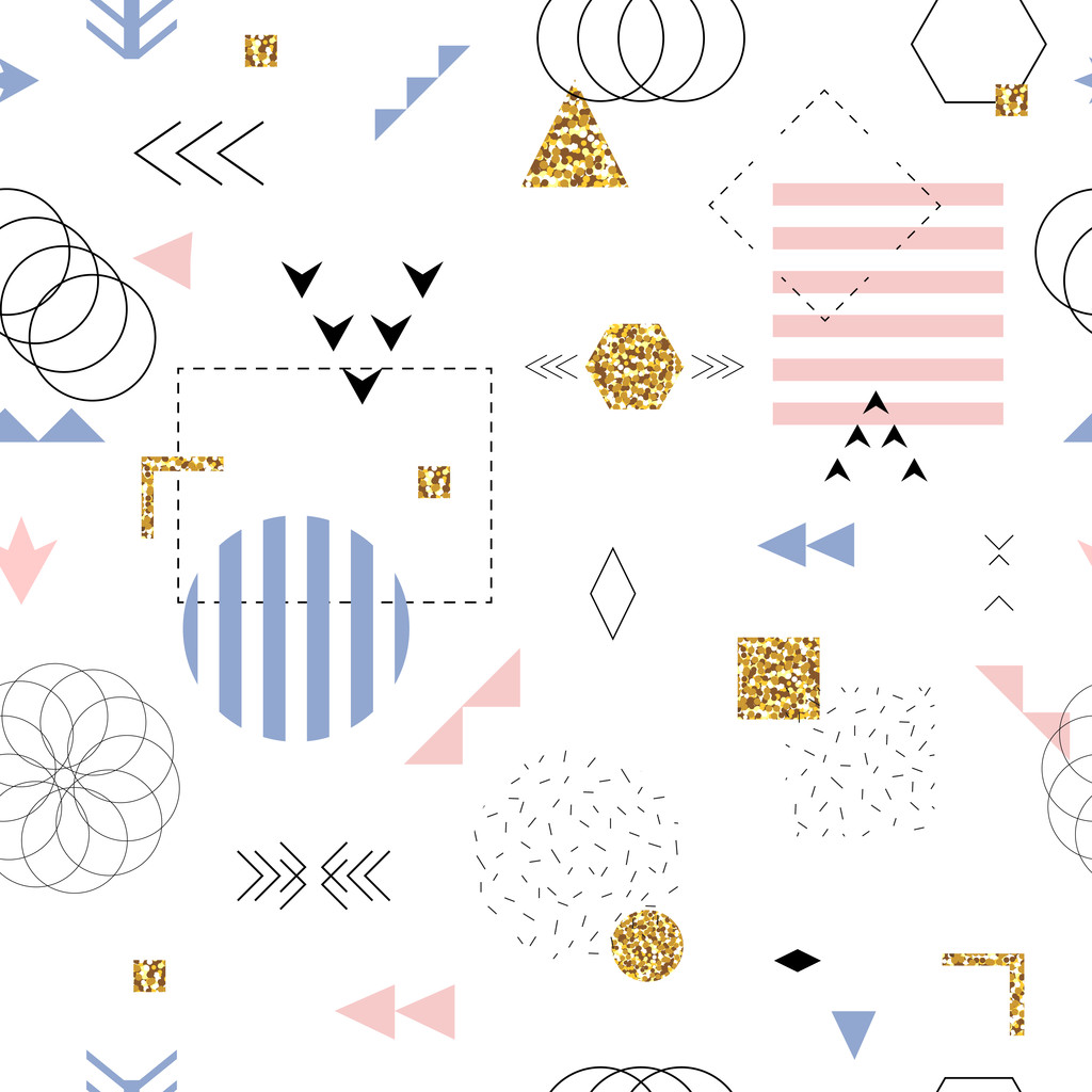 无缝的几何图案孟菲斯风格与金色闪光纹理 无缝的几何图案孟菲斯风格与金色闪光纹理