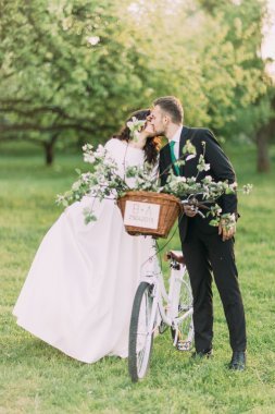 浪漫的年輕人剛剛結(jié)婚情侶接吻在陽(yáng)光明媚的公園與裝飾的自行車。溫暖的太陽(yáng)耀斑