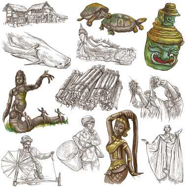 老撾。生活的圖景。白底彩色的 freehands