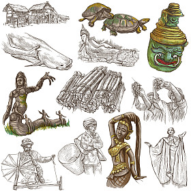 老挝。生活的图景。白底彩色的 freehands