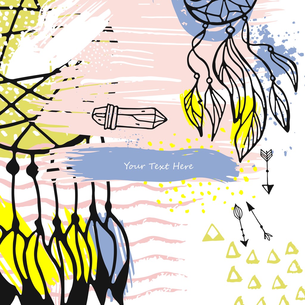 手绘水墨纹理卡。矢量设计插画的梦想捕手彩色艺术卡