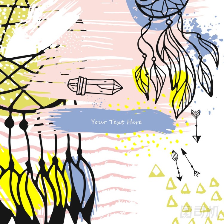 手繪水墨紋理卡。矢量設(shè)計(jì)插畫的夢(mèng)想捕手彩色藝術(shù)卡