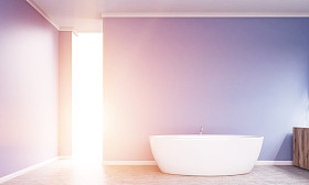 浴室内有浴缸、 照明蓝色的墙壁和地板。3d 渲染