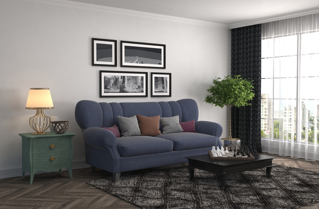 内政部与沙发。3d 图照片