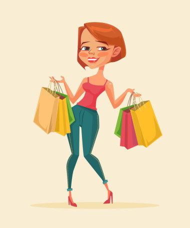 女人購物袋。買東西。買打折。矢量平面卡通畫