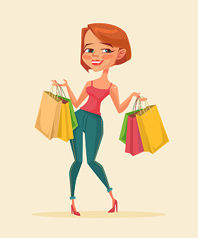 女人购物袋。买东西。买打折。矢量平面卡通画