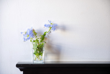 蓝花木制甲板在桌上的温柔花束 