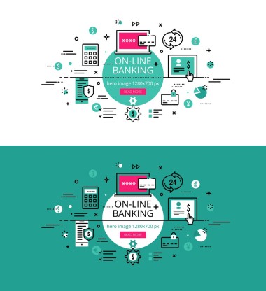 网上银行。扁线颜色的英雄形象和英雄横幅德