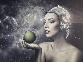 机器人的女人举行绿色星球图片